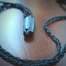 Load image into Gallery viewer, Handmade black tourmaline pendant necklace. Protection crystal electromagnetic frequencies EMF. Hemp fabric chain. 
