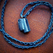 Load image into Gallery viewer, Handmade black tourmaline pendant necklace. Protection crystal electromagnetic frequencies EMF. Hemp fabric chain. 
