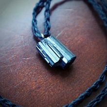 Load image into Gallery viewer, Handmade black tourmaline pendant necklace. Protection crystal electromagnetic frequencies EMF. Hemp fabric chain. 
