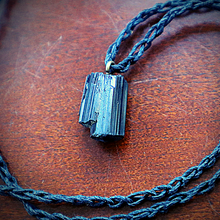 Load image into Gallery viewer, Handmade black tourmaline pendant necklace. Protection crystal electromagnetic frequencies EMF. Hemp fabric chain. 
