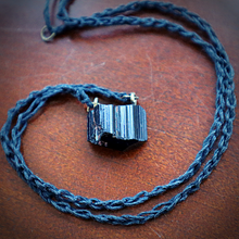 Load image into Gallery viewer, Handmade black tourmaline pendant necklace. Protection crystal electromagnetic frequencies EMF. Hemp fabric chain. 
